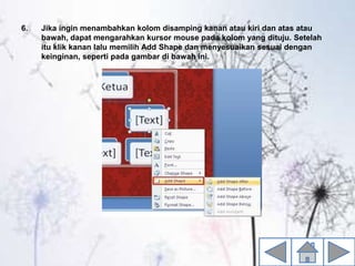 6. Jika ingin menambahkan kolom disamping kanan atau kiri dan atas atau
bawah, dapat mengarahkan kursor mouse pada kolom yang dituju. Setelah
itu klik kanan lalu memilih Add Shape dan menyesuaikan sesuai dengan
keinginan, seperti pada gambar di bawah ini.
 
