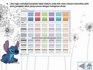 4. Jika ingin merubah template tabel silakan anda klik menu desain kemudian pilih
jenis template tabel yang sesuai dengan keinginan Anda.
 