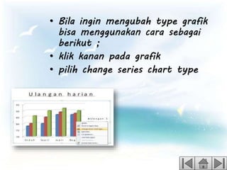 • Bila ingin mengubah type grafik
bisa menggunakan cara sebagai
berikut ;
• klik kanan pada grafik
• pilih change series chart type
 
