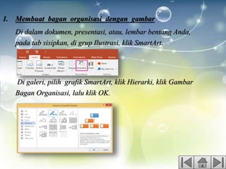 1. Membuat bagan organisasi dengan gambar
Di dalam dokumen, presentasi, atau, lembar bentang Anda,
pada tab sisipkan, di grup Ilustrasi, klik SmartArt.
Di galeri, pilih grafik SmartArt, klik Hierarki, klik Gambar
Bagan Organisasi, lalu klik OK.
 