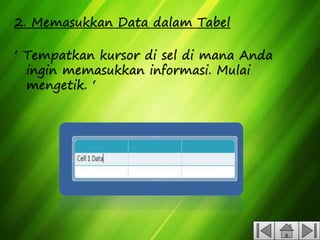 2. Memasukkan Data dalam Tabel
‘ Tempatkan kursor di sel di mana Anda
ingin memasukkan informasi. Mulai
mengetik. ‘
 