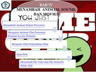 MENAMBAH ANIMASI, SOUND,
DAN MOVIES
Menambah Animasi Dalam Presentasi
Mengatur Animasi Dlm Presentasi
Berjalan Sccara Otomatis
Mengatur Efek Perpindahan Slide
Hyperlink
Menambah File Video dan File Sound ke
dalam slide
 