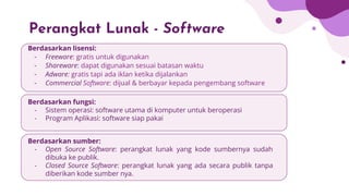 Perangkat Lunak - Software
Berdasarkan lisensi:
- Freeware: gratis untuk digunakan
- Shareware: dapat digunakan sesuai batasan waktu
- Adware: gratis tapi ada iklan ketika dijalankan
- Commercial Software: dijual & berbayar kepada pengembang software
Berdasarkan fungsi:
- Sistem operasi: software utama di komputer untuk beroperasi
- Program Aplikasi: software siap pakai
Berdasarkan sumber:
- Open Source Software: perangkat lunak yang kode sumbernya sudah
dibuka ke publik.
- Closed Source Software: perangkat lunak yang ada secara publik tanpa
diberikan kode sumber nya.
 