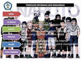 SK : Memahami dasar2 penggunaan
internet
KD : 1. Mengindentifikasikan perangkat
keras yang digunakan dalam akses
internet
2. mengenal kecepatan akses internet
3. melakukan berbagai cara untuk memperoleh
sambungan internet
4. Fasilitas dan aplikasi internet

 