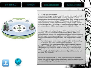 SK dan KD MATERI Soal Pertanyaan Kunci Jawaban 
3. WAN (Wide Area Network) 
merupakan Jenis Jaringan Komputer yang lebih luas dan lebih canggih daripada 
Jenis Jaringan Komputer LAN dan MAN. Teknologi jaringanWAN biasa 
digunakan untuk menghubungkan suatu jaringan dengan negara lain atau dari satu 
benua ke benua yang lainnya. Jaringan WAN bisa terdiri dari berbagai Jenis 
Jaringan Komputer LAN dan WAN karena luasnya wilayah cakupan dari Jenis 
Jaringan Komputer WAN. Jaringan WAN, biasanya menggunakan kabel fiber optic 
serta menanamkannya di dalam tanah maupun melewati jalur bawah laut. 
· Keuntungan Jenis Jaringan Komputer WAN seperti cakupan wilayah 
jaringannya lebih luas dari Jenis Jaringan Komputer LAN dan MAN, tukar-menukar 
informasi menjadi lebih rahasia dan terarah karena untuk berkomunikasi 
dari suatu negara dengan negara yang lainnya memerlukan keamanan yang lebih, 
dan juga lebih mudah dalam mengembangkan serta mempermudah dalam hal 
bisnis. 
· Server kantor pusat dapat berfungsi sebagai bank data dari kantor cabang. 
· Komunikasi antar kantor dapat menggunakan E-Mail & Chat. 
· Dokumen/File yang biasanya dikirimkan melalui fax ataupun paket pos, 
dapat dikirim melalui E-mail dan Transfer file dari/ke kantor pusat dan kantor 
cabang dengan biaya yang relatif murah dan dalam jangka waktu yang sangat 
cepat. 
· Pooling Data dan Updating Data antar kantor dapat dilakukan setiap hari 
pada waktu yang ditentukan. 
Kerugian dari Jenis Jaringan WAN seperti biaya operasional yang dibutuhkan 
menjadi lebih banyak, sangat rentan terhadap bahaya pencurian data-data penting, 
perawatan untuk jaringan WAN menjadi lebih berat. 
Page 16 
 