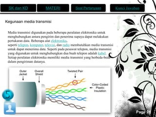 SK dan KD MATERI Soal Pertanyaan Kunci Jawaban 
Page 21 
Kegunaan media transmisi 
Media transmisi digunakan pada beberapa peralatan elektronika untuk 
menghubungkan antara pengirim dan penerima supaya dapat melakukan 
pertukaran data. Beberapa alat elektronika, 
seperti telepon, komputer, televisi, dan radio membutuhkan media transmisi 
untuk dapat menerima data. Seperti pada pesawat telepon, media transmisi 
yang digunakan untuk menghubungkan dua buah telepon adalah kabel. 
Setiap peralatan elektronika memiliki media transmisi yang berbeda-beda 
dalam pengiriman datanya. 
 