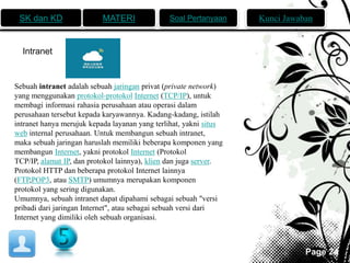 SK dan KD MATERI Soal Pertanyaan Kunci Jawaban 
Page 24 
Intranet 
Sebuah intranet adalah sebuah jaringan privat (private network) 
yang menggunakan protokol-protokol Internet (TCP/IP), untuk 
membagi informasi rahasia perusahaan atau operasi dalam 
perusahaan tersebut kepada karyawannya. Kadang-kadang, istilah 
intranet hanya merujuk kepada layanan yang terlihat, yakni situs 
web internal perusahaan. Untuk membangun sebuah intranet, 
maka sebuah jaringan haruslah memiliki beberapa komponen yang 
membangun Internet, yakni protokol Internet (Protokol 
TCP/IP, alamat IP, dan protokol lainnya), klien dan juga server. 
Protokol HTTP dan beberapa protokol Internet lainnya 
(FTP,POP3, atau SMTP) umumnya merupakan komponen 
protokol yang sering digunakan. 
Umumnya, sebuah intranet dapat dipahami sebagai sebuah "versi 
pribadi dari jaringan Internet", atau sebagai sebuah versi dari 
Internet yang dimiliki oleh sebuah organisasi. 
 