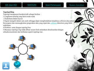 SK dan KD MATERI Soal Pertanyaan Kunci Jawaban 
Page 28 
Topologi Ring 
Topologi mempunyai karakteristik sebagai berikut : 
1.Lingkaran tertutup yang berisi node-node 
2.Sederhana dalam layout. 
3.Signal mengalir dalam satu arah sehingga dapat menghindarkan terjadinya collision (dua paket data 
bercampur) dan memungkinkan pergerakan data yang cepat dan collision detection yang lebih 
sederhana. 
4.Problem: sama dengan topologi bus 
5.Biasanya topologi ring tidak dibuat secara fisik melainkan direalisasikan dengan 
sebuahconsentrator dan kelihatan seperti topologi star. 
 