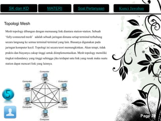 SK dan KD MATERI Soal Pertanyaan Kunci Jawaban 
Page 29 
Topologi Mesh 
Mesh topology dibangun dengan memasang link diantara station-station. Sebuah 
‘fully-connected mesh’ adalah sebuah jaringan dimana setiap terminal terhubung 
secara langsung ke semua terminal-terminal yang lain. Biasanya digunakan pada 
jaringan komputer kecil. Topologi ini secara teori memungkinkan. Akan tetapi, tidak 
praktis dan biayanya cukup tinggi untuk diimplementasikan. Mesh topology memiliki 
tingkat redundancy yang tinggi sehingga jika terdapat satu link yang rusak maka suatu 
station dapat mencari link yang lainnya. 
 