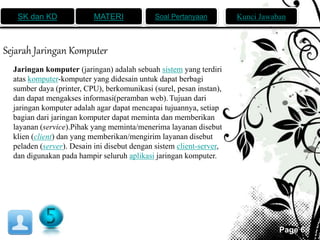 SK dan KD MATERI Soal Pertanyaan Kunci Jawaban 
Page 6 
Sejarah Jaringan Komputer 
Jaringan komputer (jaringan) adalah sebuah sistem yang terdiri 
atas komputer-komputer yang didesain untuk dapat berbagi 
sumber daya (printer, CPU), berkomunikasi (surel, pesan instan), 
dan dapat mengakses informasi(peramban web). Tujuan dari 
jaringan komputer adalah agar dapat mencapai tujuannya, setiap 
bagian dari jaringan komputer dapat meminta dan memberikan 
layanan (service).Pihak yang meminta/menerima layanan disebut 
klien (client) dan yang memberikan/mengirim layanan disebut 
peladen (server). Desain ini disebut dengan sistem client-server, 
dan digunakan pada hampir seluruh aplikasi jaringan komputer. 
 