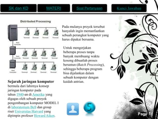 SK dan KD MATERI Soal Pertanyaan Kunci Jawaban 
Page 7 
Sejarah jaringan komputer 
bermula dari lahirnya konsep 
jaringan komputer pada 
tahun 1940-an di Amerika yang 
digagas oleh sebuah proyek 
pengembangan komputer MODEL I 
di laboratorium Bell dan group 
riset Universitas Harvard yang 
dipimpin profesor Howard Aiken. 
Pada mulanya proyek tersebut 
hanyalah ingin memanfaatkan 
sebuah perangkat komputer yang 
harus dipakai bersama. 
Untuk mengerjakan 
beberapa proses tanpa 
banyak membuang waktu 
kosong dibuatlah proses 
beruntun (Batch Processing), 
sehingga beberapa program 
bisa dijalankan dalam 
sebuah komputer dengan 
kaidah antrian. 
 