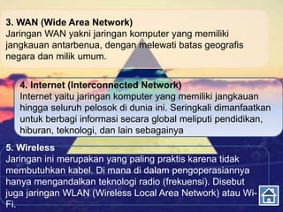 3. WAN (Wide Area Network)
Jaringan WAN yakni jaringan komputer yang memiliki
jangkauan antarbenua, dengan melewati batas geografis
negara dan milik umum.
4. Internet (Interconnected Network)
Internet yaitu jaringan komputer yang memiliki jangkauan
hingga seluruh pelosok di dunia ini. Seringkali dimanfaatkan
untuk berbagi informasi secara global meliputi pendidikan,
hiburan, teknologi, dan lain sebagainya.
5. Wireless
Jaringan ini merupakan yang paling praktis karena tidak
membutuhkan kabel. Di mana di dalam pengoperasiannya
hanya mengandalkan teknologi radio (frekuensi). Disebut
juga jaringan WLAN (Wireless Local Area Network) atau Wi-
Fi.
 