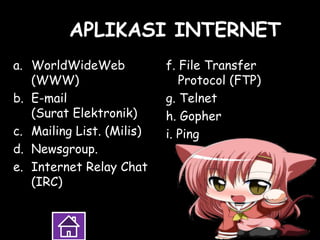 G. APLIKASI INTERNET
a. WorldWideWeb
(WWW)
b. E-mail
(Surat Elektronik)
c. Mailing List. (Milis)
d. Newsgroup.
e. Internet Relay Chat
(IRC)
f. File Transfer
Protocol (FTP)
g. Telnet
h. Gopher
i. Ping
 