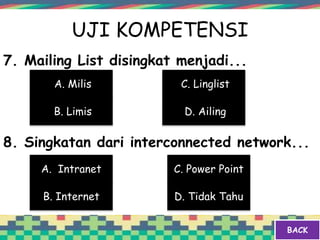 UJI KOMPETENSI
7. Mailing List disingkat menjadi...
8. Singkatan dari interconnected network...
A. Milis
B. Limis D. Ailing
C. Linglist
B. Internet
A. Intranet
D. Tidak Tahu
C. Power Point
BACK
 