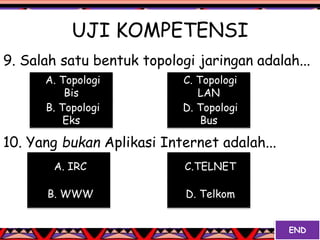 UJI KOMPETENSI
9. Salah satu bentuk topologi jaringan adalah...
10. Yang bukan Aplikasi Internet adalah...
B. Topologi
Eks
C. Topologi
LAN
D. Topologi
Bus
A. Topologi
Bis
A. IRC
B. WWW D. Telkom
C.TELNET
END
 