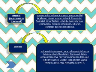 Internet
(Interconnecte
d Network)
Internet yaitu jaringan komputer yang memiliki
jangkauan hingga seluruh pelosok di dunia ini.
Seringkali dimanfaatkan untuk berbagi informasi
secara global meliputi pendidikan, hiburan,
teknologi, dan lain sebagainya.
Wireless
Jaringan ini merupakan yang paling praktis karena
tidak membutuhkan kabel. Di mana di dalam
pengoperasiannya hanya mengandalkan teknologi
radio (frekuensi). Disebut juga jaringan WLAN
(Wireless Local Area Network) atau Wi-Fi.
 