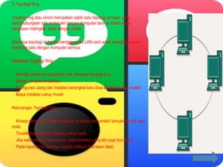 3. Topologi Ring
Topologi ring atau cincin merupakan salah satu topologi jaringan yang
menghubungkan satu komputer dengan komputer lainnya dalam suatu
rangkaian melingkar, mirip dengan cincin.
Biasanya topologi ini hanya menggunakan LAN card untuk menghubungkan
komputer satu dengan komputer lainnya.
Kelebihan Topologi Ring :
Memiliki performa yang lebih baik daripada topologi bus.
Mudah diimplementasikan.
Konfigurasi ulang dan instalasi perangkat baru bisa dibilang cukup mudah.
Biaya instalasi cukup murah
Kekurangan Topologi Ring :
Kinerja komunikasi dalam topologi ini dinilai dari jumlah/ banyaknya titik atau
node.
Troubleshooting bisa dibilang cukup rumit.
Jika salah satu koneksi putus, maka koneksi yang lain juga ikut putus.
Pada topologi ini biasnaya terjadi collision (tabrakan data)
 