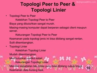 Topologi Peer to Peer &
Topologi Linier
• Topologi Peer to Peer
　　 Kelebihan Topologi Peer to Peer
Biaya yang dibutuhkan sangat murah.
Masing-masing komputer dapat berperan sebagai client maupun
server.
　　 Kekurangan Topologi Peer to Peer
Keamanan pada topologi jenis ini bisa dibilang sangat rentan.
Sulit dikembangkan.
• Topologi Linier
　　 Kelebihan Topologi Linier
Mudah dikembangkan.
Membutuhkan sedikit kabel.
　　 Kekurangan Topologi Linier
Memiliki kepadatan lalu lintas yang bisa dibilang cukup tinggi.
Keamanan data kurang baik.
10
 