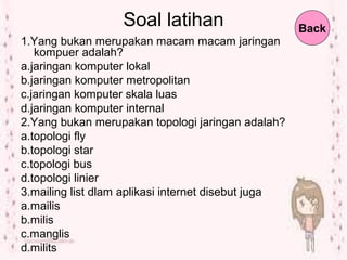 Soal latihan
1.Yang bukan merupakan macam macam jaringan
kompuer adalah?
a.jaringan komputer lokal
b.jaringan komputer metropolitan
c.jaringan komputer skala luas
d.jaringan komputer internal
2.Yang bukan merupakan topologi jaringan adalah?
a.topologi fly
b.topologi star
c.topologi bus
d.topologi linier
3.mailing list dlam aplikasi internet disebut juga
a.mailis
b.milis
c.manglis
d.milits
Back
 