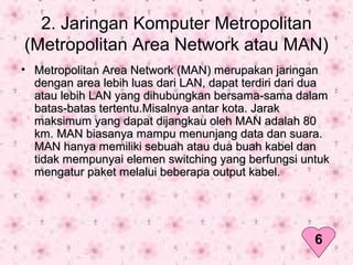 2. Jaringan Komputer Metropolitan
(Metropolitan Area Network atau MAN)
• Metropolitan Area Network (MAN) merupakan jaringanMetropolitan Area Network (MAN) merupakan jaringan
dengan area lebih luas dari LAN, dapat terdiri dari duadengan area lebih luas dari LAN, dapat terdiri dari dua
atau lebih LAN yang dihubungkan bersama-sama dalamatau lebih LAN yang dihubungkan bersama-sama dalam
batas-batas tertentu.Misalnya antar kota. Jarakbatas-batas tertentu.Misalnya antar kota. Jarak
maksimum yang dapat dijangkau oleh MAN adalah 80maksimum yang dapat dijangkau oleh MAN adalah 80
km. MAN biasanya mampu menunjang data dan suara.km. MAN biasanya mampu menunjang data dan suara.
MAN hanya memiliki sebuah atau dua buah kabel danMAN hanya memiliki sebuah atau dua buah kabel dan
tidak mempunyai elemen switching yang berfungsi untuktidak mempunyai elemen switching yang berfungsi untuk
mengatur paket melalui beberapa output kabel.mengatur paket melalui beberapa output kabel.
6
 