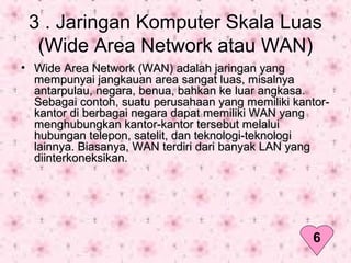 3 . Jaringan Komputer Skala Luas
(Wide Area Network atau WAN)
• Wide Area Network (WAN) adalah jaringan yangWide Area Network (WAN) adalah jaringan yang
mempunyai jangkauan area sangat luas, misalnyamempunyai jangkauan area sangat luas, misalnya
antarpulau, negara, benua, bahkan ke luar angkasa.antarpulau, negara, benua, bahkan ke luar angkasa.
Sebagai contoh, suatu perusahaan yang memiliki kantor-Sebagai contoh, suatu perusahaan yang memiliki kantor-
kantor di berbagai negara dapat memiliki WAN yangkantor di berbagai negara dapat memiliki WAN yang
menghubungkan kantor-kantor tersebut melaluimenghubungkan kantor-kantor tersebut melalui
hubungan telepon, satelit, dan teknologi-teknologihubungan telepon, satelit, dan teknologi-teknologi
lainnya. Biasanya, WAN terdiri dari banyak LAN yanglainnya. Biasanya, WAN terdiri dari banyak LAN yang
diinterkoneksikan.diinterkoneksikan.
6
 