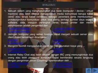 EVALUASI
1. Sebuah sistem yang menghubungkan dua node (komputer / device / virtual
machine) atau lebih dikenal menggunakan media komunikasi berupa kabel
(wire) atau tanpa kabel (wireless) sebagai perantara serta membutuhkan
protokol-protokol komunikasi untuk bisa saling berbagi sumber daya seperti
software, data, maupun perangkat keras seperti printer dan media
penyimpanan adalah pengertian dari ...
a. Jaringan Komputer c. Jaringan nirkabel
b. Jaringan berkabel d. Topologi
2. Jaringan komputer yang setiap hostnya dapat menjadi sebuah server atau
client disaat bersamaan dinamakan ...
a. E-Mail c. Gopher
b. Mailing List d. Blog
3. Mengirim faximili menggunakan mesin fax menggunakan biaya yang ...
a. Lebih murah c. Murah
b. Sangat murah d. Mahal
4. Internet Relay Chat atau lebih dikenal dengan IRC yang memungkinkan dua
orang atau lebih pengguna komputer dapat berinteraksi secara langsung
dengan pengiriman pesan (Chatting) diperkenalkan oleh ...
a. Jarkko Oikarinen c. Jung Wooseok
b. Jim Ellis d. Roy Tomlinson
 