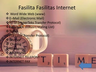 Fasilita Fasilitas Internet
 Word Wide Web (www)
E–Mail (Electronic Mail)
HTTP (HyperTeks Transfer Protocol)
Kelompok diskusi ( Maling List)
Telnet
FTP ( File Transfer Protocol)
Ghoper
 Chating
Newsgroub
BROWSING
INTERNET TELEPONY
INTERNET FAX
 