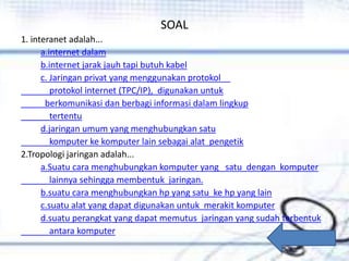 SOAL
1. interanet adalah...
a.internet dalam
b.internet jarak jauh tapi butuh kabel
c. Jaringan privat yang menggunakan protokol
protokol internet (TPC/IP), digunakan untuk
berkomunikasi dan berbagi informasi dalam lingkup
tertentu
d.jaringan umum yang menghubungkan satu
komputer ke komputer lain sebagai alat pengetik
2.Tropologi jaringan adalah...
a.Suatu cara menghubungkan komputer yang satu dengan komputer
lainnya sehingga membentuk jaringan.
b.suatu cara menghubungkan hp yang satu ke hp yang lain
c.suatu alat yang dapat digunakan untuk merakit komputer
d.suatu perangkat yang dapat memutus jaringan yang sudah terbentuk
antara komputer
 