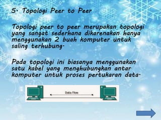 5. Topologi Peer to Peer
Topologi peer to peer merupakan topologi
yang sangat sederhana dikarenakan hanya
menggunakan 2 buah komputer untuk
saling terhubung.
Pada topologi ini biasanya menggunakan
satu kabel yang menghubungkan antar
komputer untuk proses pertukaran data.
 