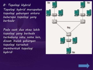 8. Topologi Hybrid
Topologi hybrid merupakan
topologi gabungan antara
beberapa topologi yang
berbeda.
Pada saat dua atau lebih
topologi yang berbeda
terhubung satu sama lain,
disaat itulah gabungan
topologi tersebut
membentuk topologi
hybrid.
 