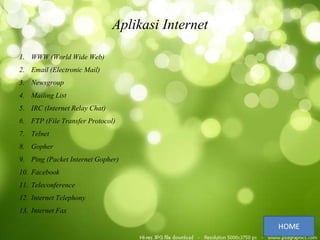 Aplikasi Internet
1. WWW (World Wide Web)
2. Email (Electronic Mail)
3. Newsgroup
4. Mailing List
5. IRC (Internet Relay Chat)
6. FTP (File Transfer Protocol)
7. Telnet
8. Gopher
9. Ping (Packet Internet Gopher)
10. Facebook
11. Teleconference
12. Internet Telephony
13. Internet Fax
 