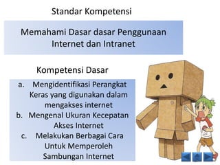 Standar Kompetensi 
Memahami Dasar dasar Penggunaan 
Internet dan Intranet 
Kompetensi Dasar 
a. Mengidentifikasi Perangkat 
Keras yang digunakan dalam 
mengakses internet 
b. Mengenal Ukuran Kecepatan 
Akses Internet 
c. Melakukan Berbagai Cara 
Untuk Memperoleh 
Sambungan Internet 
 