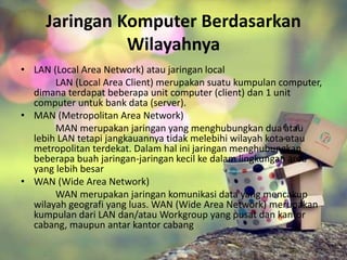 Jaringan Komputer Berdasarkan 
Wilayahnya 
• LAN (Local Area Network) atau jaringan local 
LAN (Local Area Client) merupakan suatu kumpulan computer, 
dimana terdapat beberapa unit computer (client) dan 1 unit 
computer untuk bank data (server). 
• MAN (Metropolitan Area Network) 
MAN merupakan jaringan yang menghubungkan dua atau 
lebih LAN tetapi jangkauannya tidak melebihi wilayah kota atau 
metropolitan terdekat. Dalam hal ini jaringan menghubungkan 
beberapa buah jaringan-jaringan kecil ke dalam lingkungan area 
yang lebih besar 
• WAN (Wide Area Network) 
WAN merupakan jaringan komunikasi data yang mencakup 
wilayah geografi yang luas. WAN (Wide Area Network) merupakan 
kumpulan dari LAN dan/atauWorkgroup yang pusat dan kantor 
cabang, maupun antar kantor cabang 
 