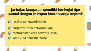Jaringan komputer memiliki berbagai tipe
sesuai dengan cakupan luas areanya seperti:
local area network (LAN)
corporate area network (CAN)
Metropolitan area network (MAN)
wide area network (WAN)
 