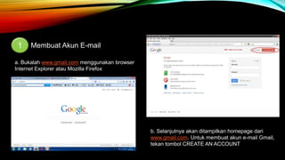 1 Membuat Akun E-mail 
a. Bukalah www.gmail.com menggunakan browser 
Internet Explorer atau Mozilla Firefox 
b. Selanjutnya akan ditampilkan homepage dari 
www.gmail.com. Untuk membuat akun e-mail Gmail, 
tekan tombol CREATE AN ACCOUNT 
 