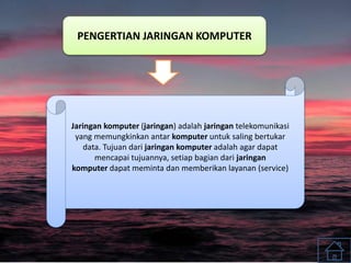 PENGERTIAN JARINGAN KOMPUTER
Jaringan komputer (jaringan) adalah jaringan telekomunikasi
yang memungkinkan antar komputer untuk saling bertukar
data. Tujuan dari jaringan komputer adalah agar dapat
mencapai tujuannya, setiap bagian dari jaringan
komputer dapat meminta dan memberikan layanan (service)
 