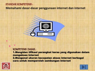 STANDAR KOMPETENSI : 
Memahami dasar-dasar penggunaan internet dan internet 
KOMPETENSI DASAR : 
1.Mengiden tifikasi perangkat keras yang digunakan dalam 
mengakses internet 
2.Mengenal ukuran kecepatan akses internet berbagai 
cara untuk memperoleh sambungan internet 
 