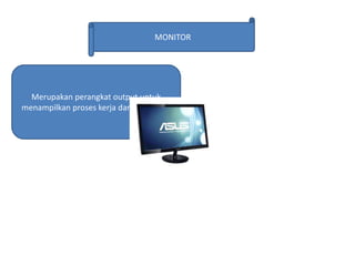 MONITOR
Merupakan perangkat output untuk
menampilkan proses kerja dari komputer.
 