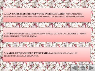 3. LAN CARD ATAU NIC(NETWORK INERFACE CARD) ADALAH KARTU
JARINGAN YANG DIPASANG DI SETIAP KOMPUTER SERVER ATAU WORKSTATION.
4. HUB BERFUNGSI SEBAGAI PENYALUR SINYAL DATA MELALUI KABEL UTP DAN
JUGA SEBAGAI PENGUAT SINYAL.
5. KABEL UTP(UNSHIELD TWIST PAIR) DIGUNAKAN SEBAGAI ALAT
PENGHUBUNG ANTAR KOMPUTER.
 