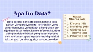 Apa Itu Data?
Data berasal dari kata dalam bahasa latin
Datum yang artinya fakta, keterangan yang
benar dan nyata yang dapat dikumpulkan dan
dijadikan dasar kajian. Dalam informatika, data
disimpan dalam bentuk yang dapat diproses
oleh komputer seperti representasi digital dari
teks, angka, gambar, garis, suara, atau video.
Kilobyte (KB)
Megabyte (MB)
Gigabyte (GB)
Terabyte (TB)
Petabyte (PB)
1.
2.
3.
4.
5.
Ukuran Data
Satuan
 