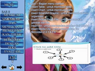 Bagian – Bagian menu content :
1. insert Table : untuk membuat table.
2. insert Chart : untuk membuat grafik.
3. insert SmartArt Graphic : untuk membuat struktur
organisasi
4. insert Picture From File : untuk memasukan
gambar dari file
5. insert Art : untuk memasukan gambar dari ClipArt
6. insert Media Clip : untuk memasukan file
film/video 2 3 1 4 5 6
MENU
MEMBUAT
SLIDE BARUMEMILIH
DAN
MENGGANTI
LAYOUTMENGGUNA
KAN THEME
SLIDEBERKERJA
DENGAN
TEKS
EVALUASI
BAB II
EXI
T
 