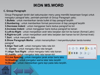 IKON MS.WORD
C. Group Paragraph
Group Paragraph terdiri dari sekumpulan menu yang memiliki kesamaan fungsi untuk
mengatur paragraf teks. perintah-perintah di Group Paragraph yaitu:
1.Bullets : untuk memberikan tanda bullet di tiap paragraf terpilih
2.Numbering : untuk memberikan format penomoran di tiap paragraf terpilih
3.Decrease Indent : untuk menggeser baris kedua paragraf ke kiri
4.Increase Indent : untuk menggeser baris kedua paragraf ke kanan
5.Left-to-Right : untuk menjadikan arah teks berjalan dari kiri ke kanan (format Latin)
6.Right-to-Left : untuk menjadikan arah teks berjalan dari kanan ke kiri (format Arab)
7.Sort : untuk menyortir data
8.Show Paragraph Marks : untuk menampilkan / menyembunyikan tanda koreksi
paragraf
9.Align Text Left : untuk mengatur teks rata kiri
10. Center : untuk mengatur teks rata tengah
11.Align Text Right : untuk mengatur teks rata kanan
12.Justify : untuk mengatur teks rata kanan-kiri
13.Line Spacing : untuk mengatur jarak antar baris teks
14.Shading : untuk mengatur warna latar teks terpilih
15.Border : untuk memberikan garis tepi pada teks terpilih.
 