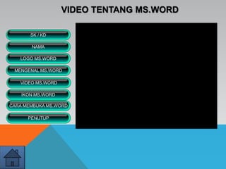 VIDEO TENTANG MS.WORD
VIDEO MS.WORD
MENGENAL MS.WORD
SK / KD
NAMA
LOGO MS.WORD
IKON MS.WORD
CARA MEMBUKA MS.WORD
PENUTUP
 