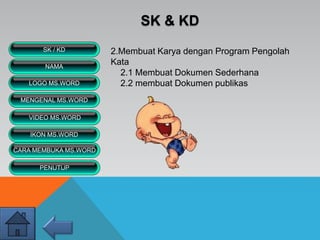 2.Membuat Karya dengan Program Pengolah
Kata
2.1 Membuat Dokumen Sederhana
2.2 membuat Dokumen publikas
SK & KD
VIDEO MS.WORD
MENGENAL MS.WORD
SK / KD
NAMA
LOGO MS.WORD
IKON MS.WORD
CARA MEMBUKA MS.WORD
PENUTUP
 