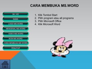 1. Klik Tombol Start
2. Pilih program atau all programs
3. Pilih Microsoft Office
4. Klik Microsoft Word
CARA MEMBUKA MS.WORD
VIDEO MS.WORD
MENGENAL MS.WORD
SK / KD
NAMA
LOGO MS.WORD
IKON MS.WORD
CARA MEMBUKA MS.WORD
PENUTUP
 