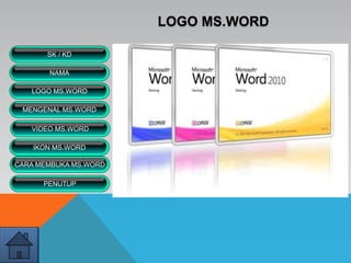 LOGO MS.WORD
VIDEO MS.WORD
MENGENAL MS.WORD
SK / KD
NAMA
LOGO MS.WORD
IKON MS.WORD
CARA MEMBUKA MS.WORD
PENUTUP
 