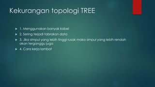 Kekurangan topologi TREE 
 1. Menggunakan banyak kabel 
 2. Sering terjadi tabrakan data 
 3. Jika simpul yang lebih tinggi rusak maka simpul yang lebih rendah 
akan terganggu juga 
 4. Cara kerja lambat 
 