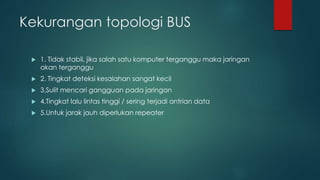Kekurangan topologi BUS 
 1. Tidak stabil, jika salah satu komputer terganggu maka jaringan 
akan terganggu 
 2. Tingkat deteksi kesalahan sangat kecil 
 3.Sulit mencari gangguan pada jaringan 
 4.Tingkat lalu lintas tinggi / sering terjadi antrian data 
 5.Untuk jarak jauh diperlukan repeater 
 