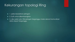 Kekurangan topologi Ring 
 1. peka kesalahan jaringan 
 2. Sulit untuk dikembangkan 
 3. Jika salah satu titik jaringan terganggu maka seluruh komunikasi 
data dapat terganggu 
 