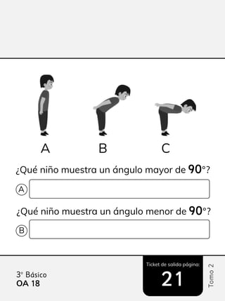 Ticket de salida página:
Tomo
2
3º Básico
21
¿Qué niño muestra un ángulo mayor de 90
90°?
A B C
¿Qué niño muestra un ángulo menor de 90
90°?
A
B
OA 18
18
 